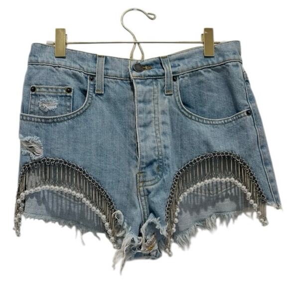 Festival Jeweled Fringe Denim Shorts Pearl Chain Cutoff Size 25 - Picture 3 of 10